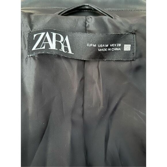 Zara US Medium Black Faux Leather Motorcycle Moto Jacket Pockets - Picture 9 of 13